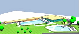 Das Bild zeigt eine Zeichnung des neuen Delitzscher Schwimm-Bades. Dieses soll bis Mai 2024 gebaut werden. Zu sehen sind mehrere Frei-Becken sowie eine Schwimm-Halle und ein langes Funktions-Gebäude. © Bauplanung Bautzen GmbH
