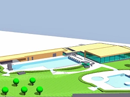 Das Bild zeigt eine Zeichnung des neuen Delitzscher Schwimm-Bades. Dieses soll bis Mai 2024 gebaut werden. Zu sehen sind mehrere Frei-Becken sowie eine Schwimm-Halle und ein langes Funktions-Gebäude.
