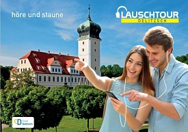 Das Bild zeigt symbolisch das Barockschloss Delitzsch und zwei Menschen mit einem Mobil-Telefon. © pigors.biz