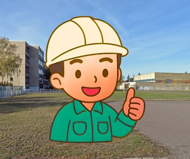 Symbolbild-Baustelle-ABOS.png Das Bild zeigt symbolisch einen Bauarbeiter vor dem Gelände der Artur-Becker-Oberschule. © Stadt Delitzsch
