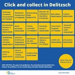 Das Bild zeigt eine Auflistung der Geschäfte, die bei der Stadt Delitzsch gemeldet haben, sie würden einen Abholservice anbieten. Die Geschäfte sind auch auf www.delitzsch.de/cc per zu finden. © Stadt Delitzsch